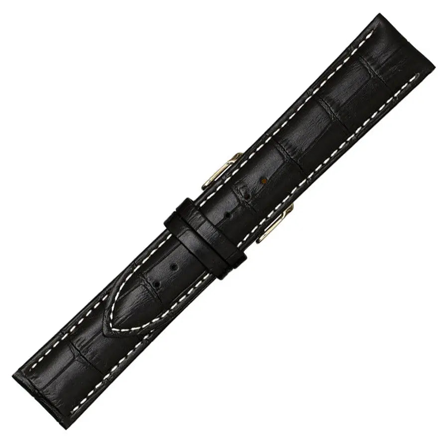 Λουρί 0502BK Black Leather Strap με Λευκό Γαζί