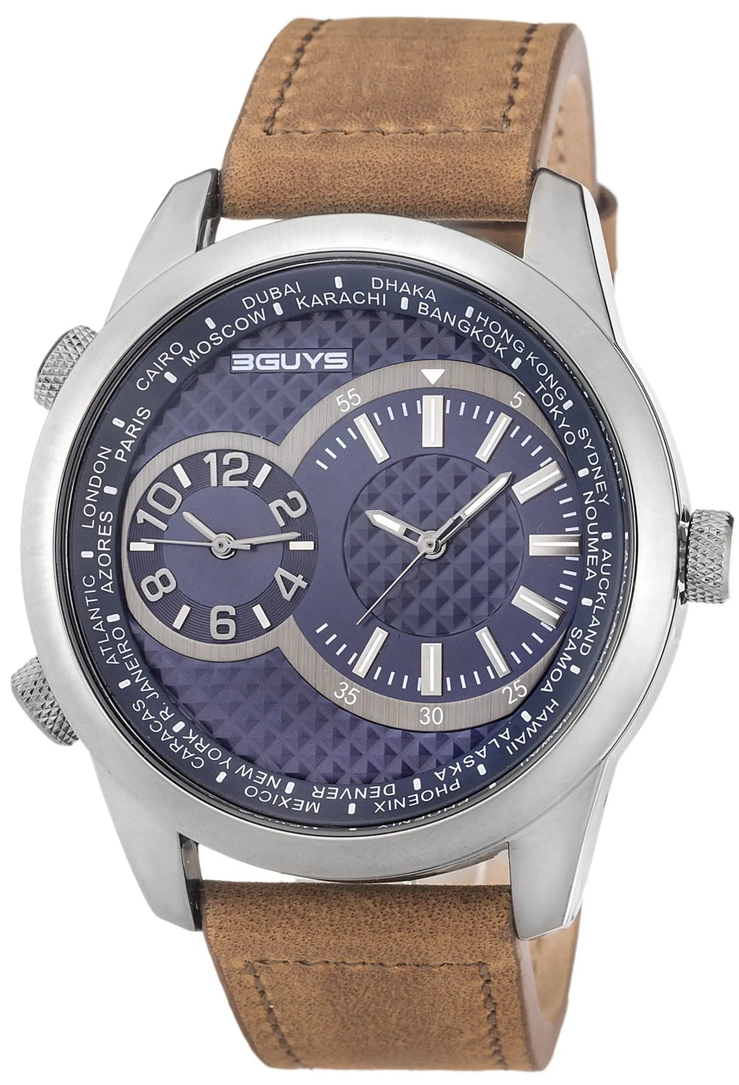 3GUYS 3G24903 Dual Time Brown Leather Strap