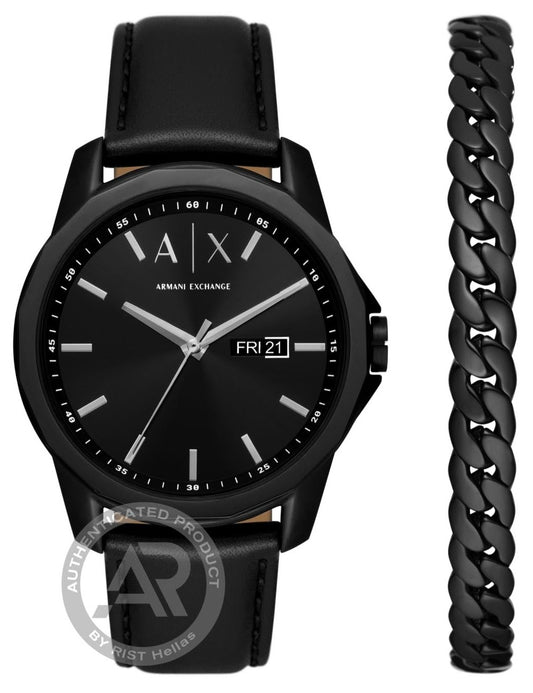 Armani Exchange AX7147SET Banks Black Leather Strap & Bracelet Set