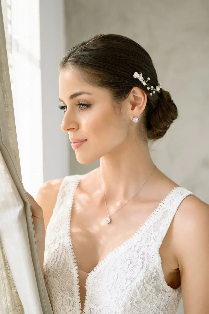 Gloria Hope GH22W-10027 Bridal Necklace and Earrings Set in Steel with White Zirconia