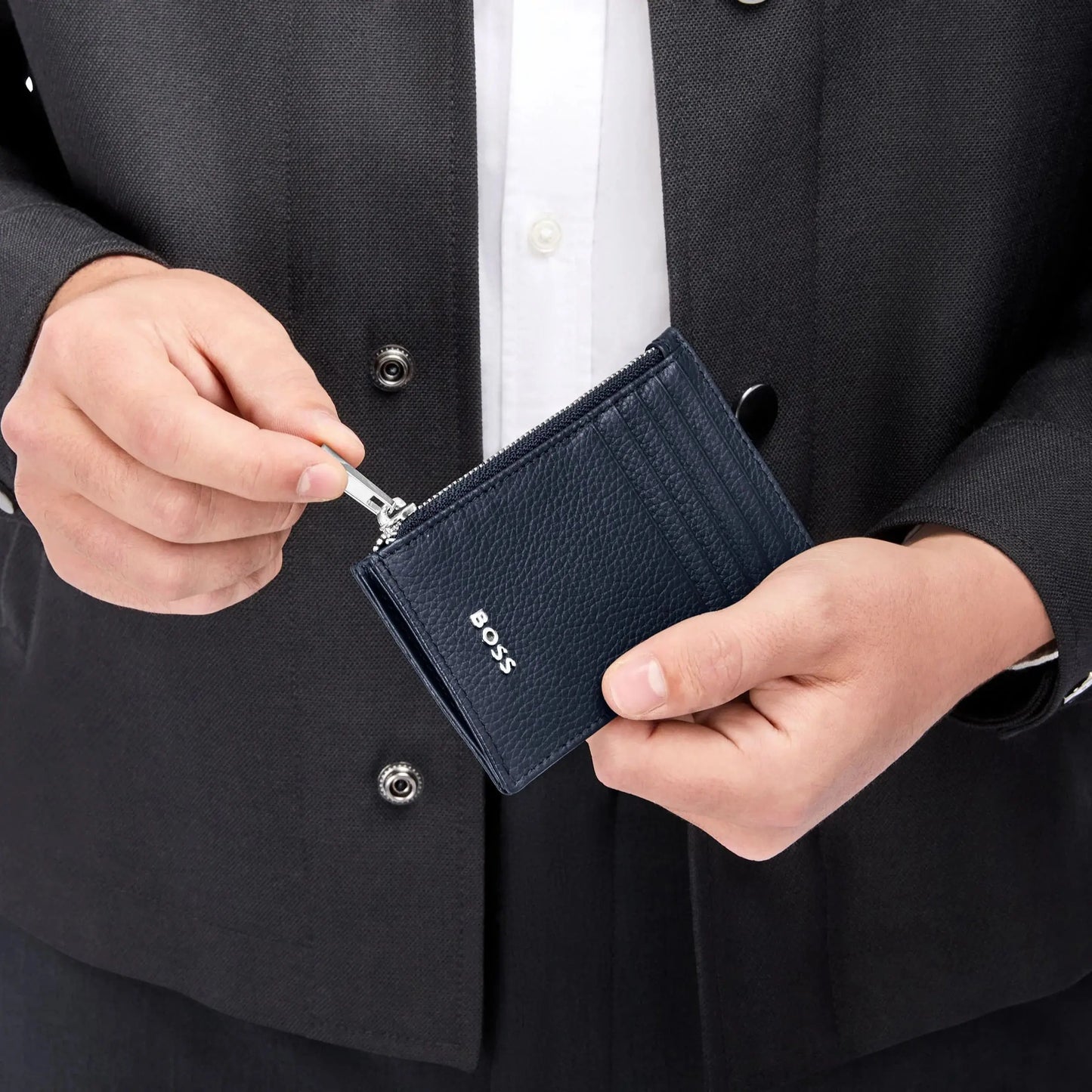 HUGO BOSS HLK518N Καρτοθήκη Zip Classic Grained Navy Card Holder