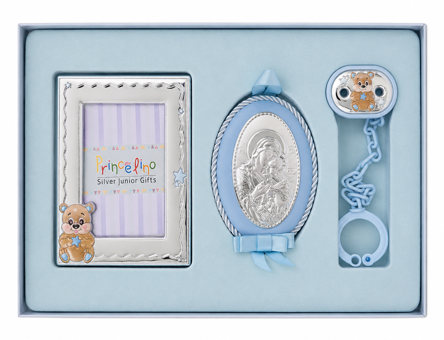 Set MA/SA139C Virgin Mary Amulet Set with Frame and Pacifier Holder in Silver
