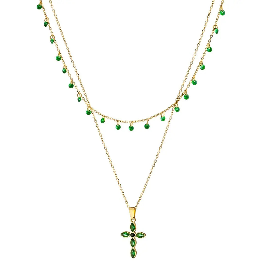 N07139G Gold Plated Steel Necklace with Green Zircon
