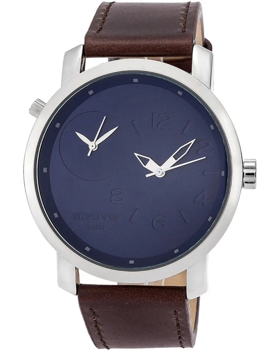 3GUYS 3G18505 Dual Time Brown Leather Strap - Κοσμηματοπωλείο Goldy