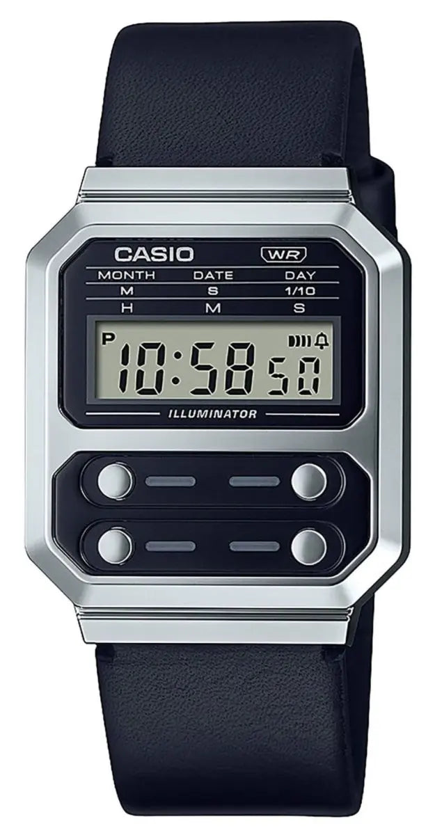 Casio A-100WEL-1AEF Vintage Black Leather Strap - Κοσμηματοπωλείο Goldy