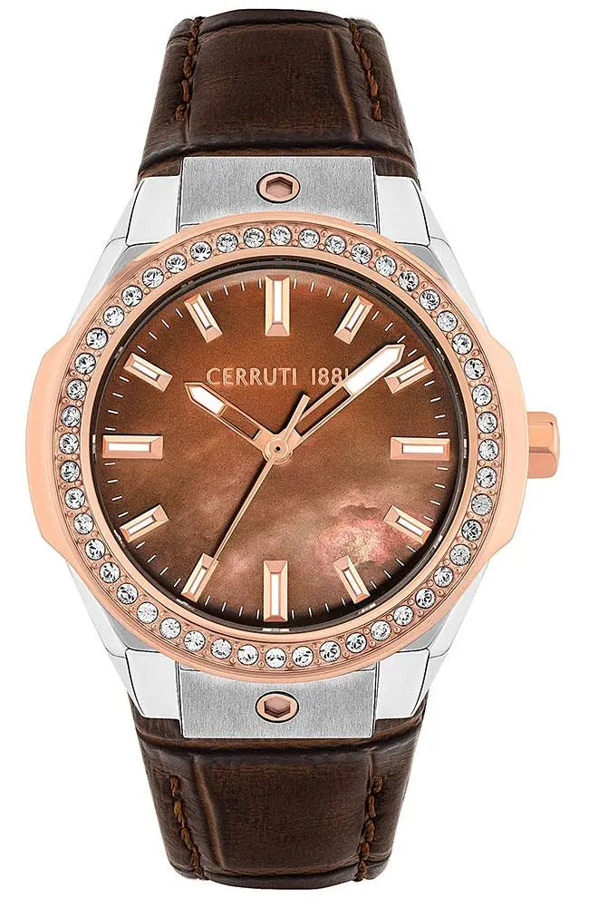 Cerruti CRM29401 Ruscello Crystals Brown Leather Strap - Κοσμηματοπωλείο Goldy