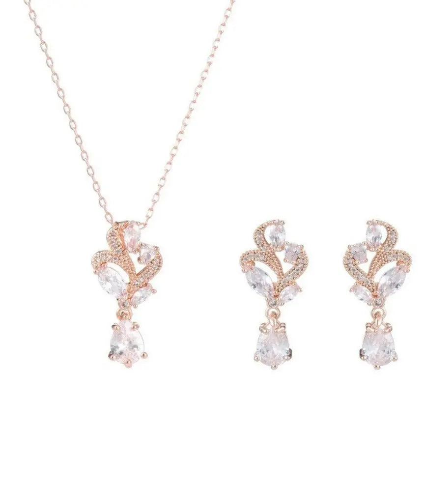 Gloria Hope JS6445RG Νυφικό Σετ Κολιέ με Σκουλαρίκια Από Ροζ Χρυσό Ατσάλι με Ζιργκόν - Κοσμηματοπωλείο Goldy