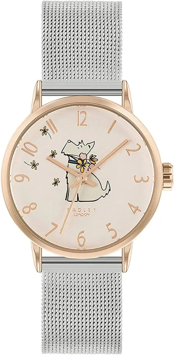 Radley London RY4583 Dog Holding Flowers Silver Mesh Strap - Κοσμηματοπωλείο Goldy