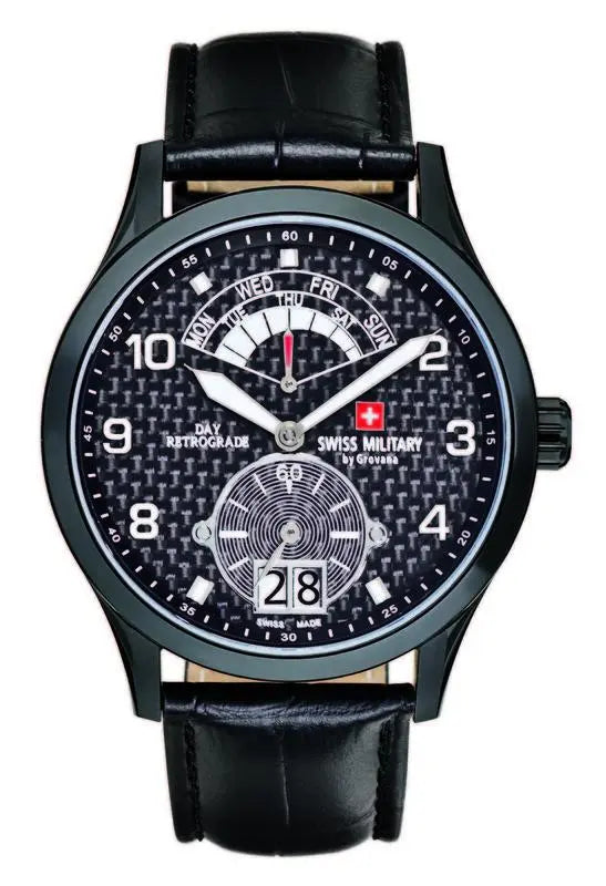 SWISS ALPINE MILITARY SAM1742.1577 Retrograde Black Leather Strap - Κοσμηματοπωλείο Goldy