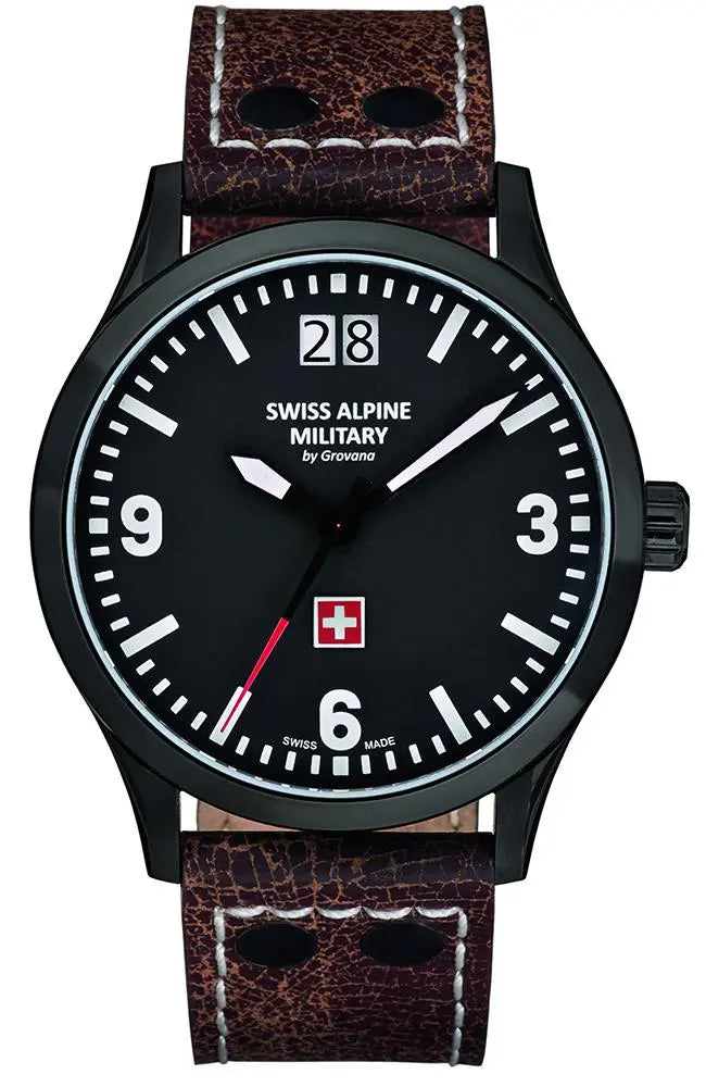 SWISS ALPINE MILITARY SAM1744.1577 Big Date Brown Leather Strap - Κοσμηματοπωλείο Goldy