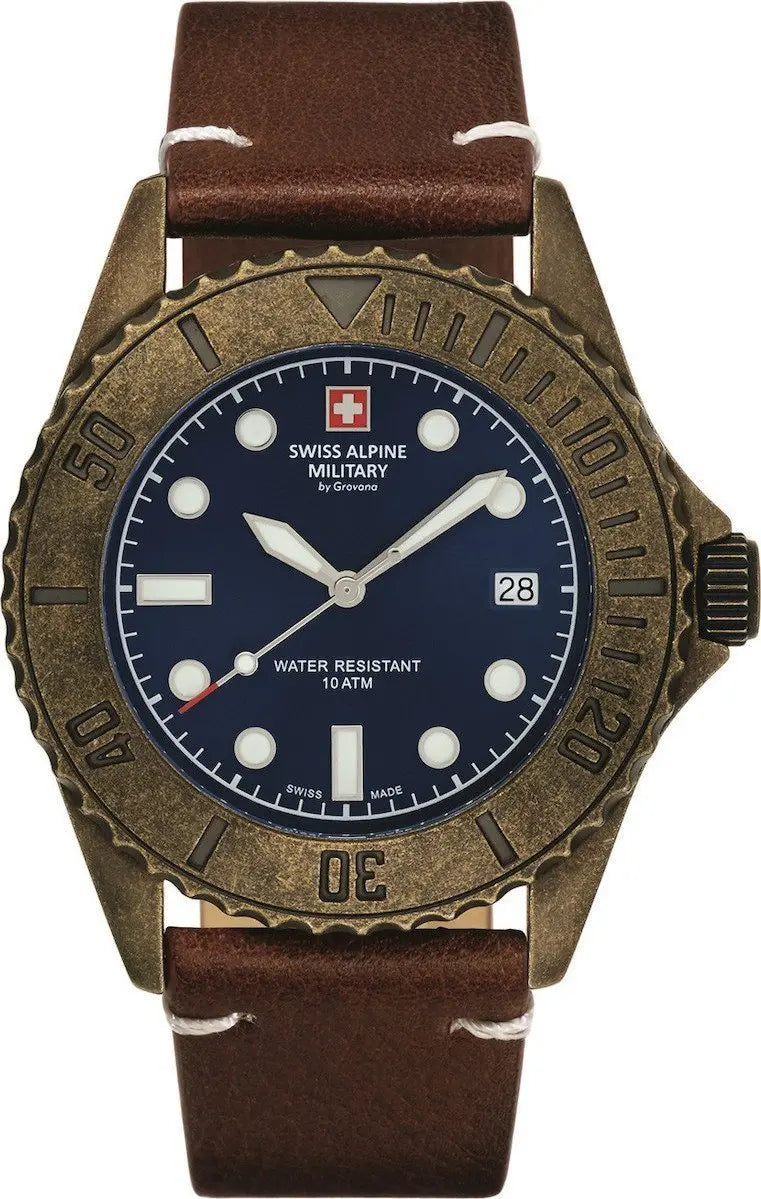 SWISS ALPINE MILITARY SAM7051.1585 Diver Vintage Brown Leather Strap - Κοσμηματοπωλείο Goldy