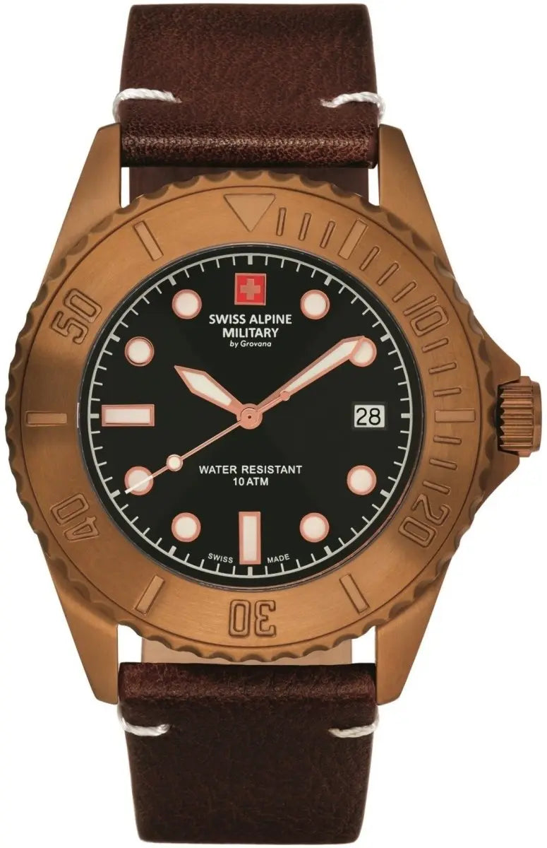 SWISS ALPINE MILITARY SAM7051.1599 Diver Vintage Brown Leather Strap - Κοσμηματοπωλείο Goldy