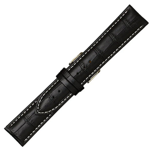 Λουρί 0502BK Black Leather Strap με Λευκό Γαζί