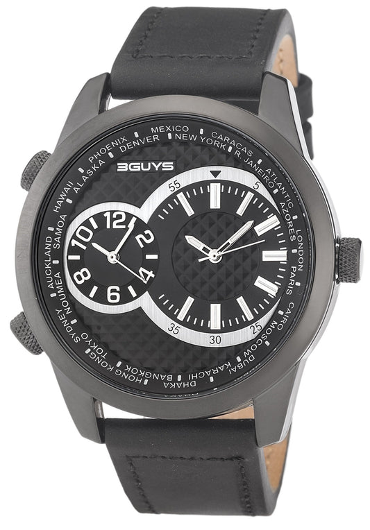 3GUYS 3G24901 Dual Time Black Leather Strap
