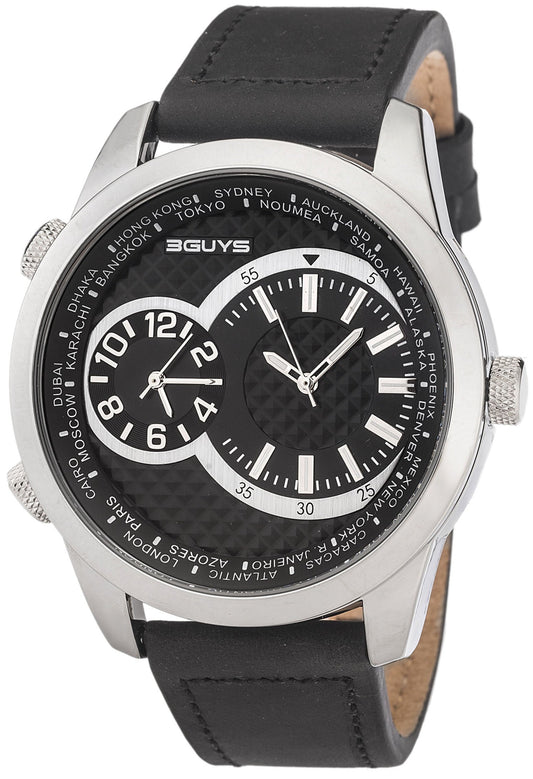 3GUYS 3G24902 Dual Time Black Leather Strap