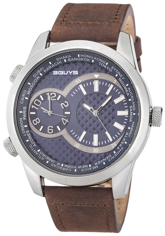 3GUYS 3G24904 Dual Time Brown Leather Strap