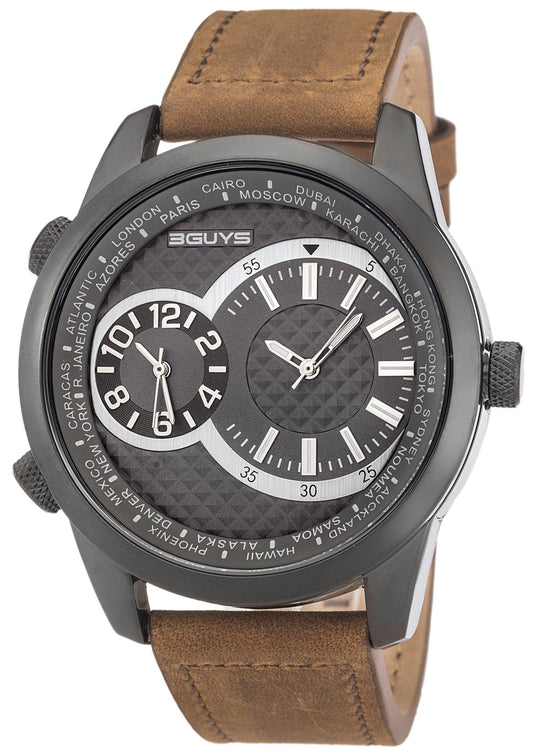 3GUYS 3G24905 Dual Time Brown Leather Strap