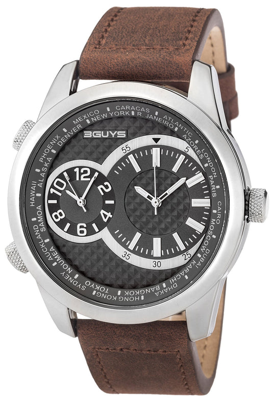3GUYS 3G24906 Dual Time Brown Leather Strap