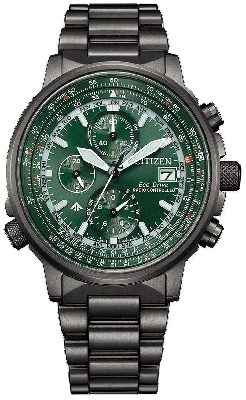 Citizen AT8300-58W Promaster Sky EcoDrive Chronograph Radiocontrolled Black Stainless Steel Bracelet Citizen