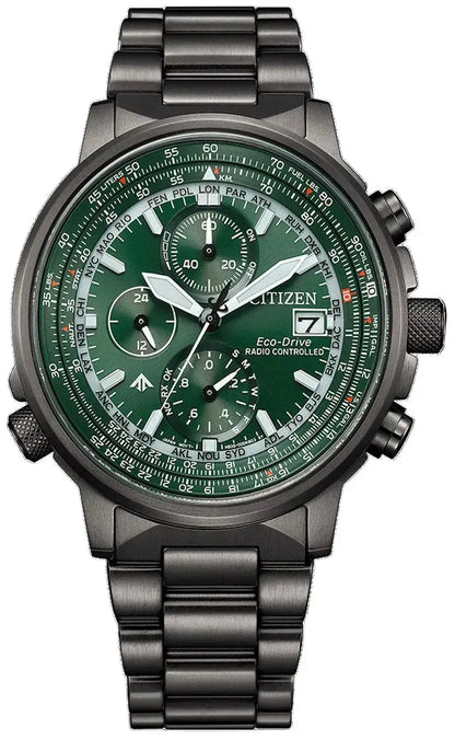 Citizen AT8300-58W Promaster Sky EcoDrive Chronograph Radiocontrolled Black Stainless Steel Bracelet Citizen