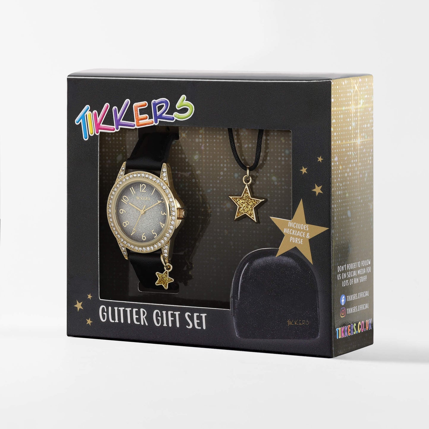 Tikkers ATK1109 Kids Glitter Gift Set Black Leather Strap