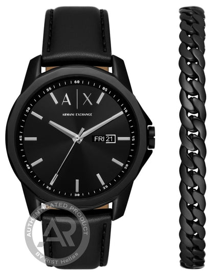 Armani Exchange AX7146SET Cayde Black Leather Strap &amp; Bracelet Set