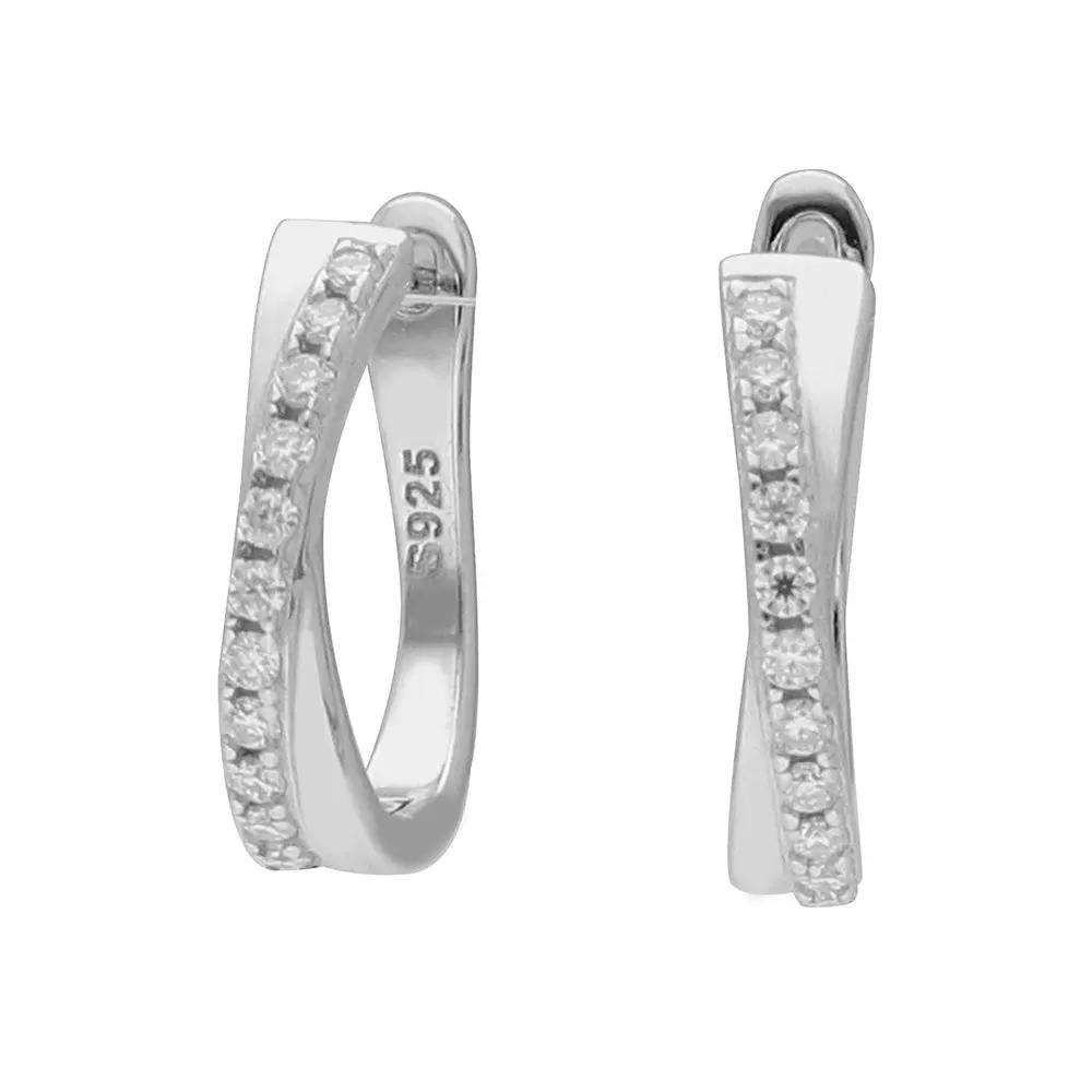 BRIZZLING BME114 Σκουλαρίκια Κρίκοι από Επιπλατινωμένο Ασήμι με Διαμάντι Μοϊσανίτη