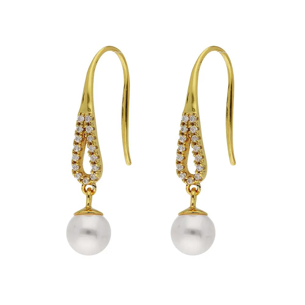 BRIZZLING BME190-D Σκουλαρίκια από Επιχρυσωμένο Ασήμι με Πέρλες & Διαμάντι Μοϊσανίτη