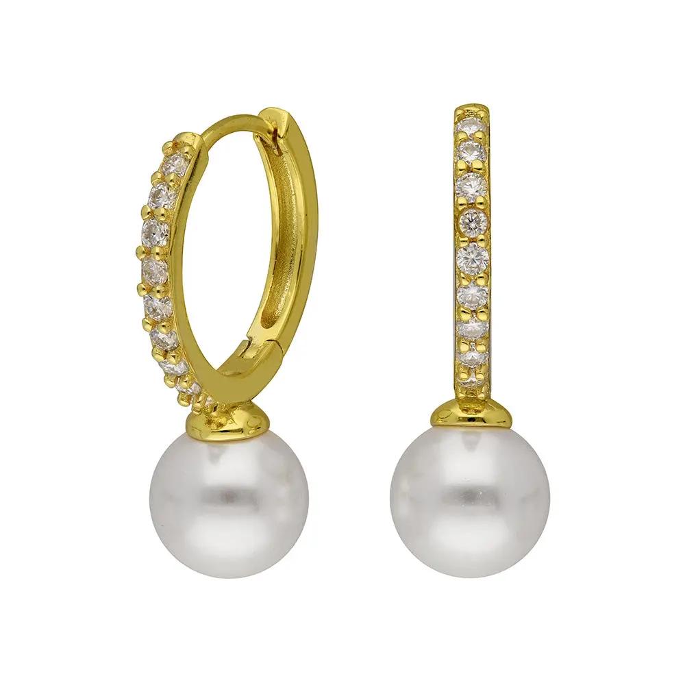 BRIZZLING BME193-D Σκουλαρίκια από Επιχρυσωμένο Ασήμι με Πέρλες & Διαμάντι Μοϊσανίτη