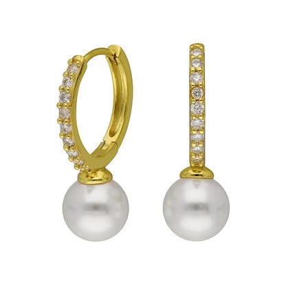 BRIZZLING BME193-D Σκουλαρίκια από Επιχρυσωμένο Ασήμι με Πέρλες & Διαμάντι Μοϊσανίτη
