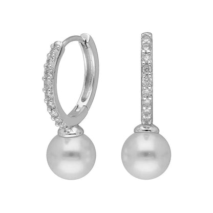 BRIZZLING BME193 Σκουλαρίκια από Επιπλατινωμένο Ασήμι με Πέρλες & Διαμάντι Μοϊσανίτη