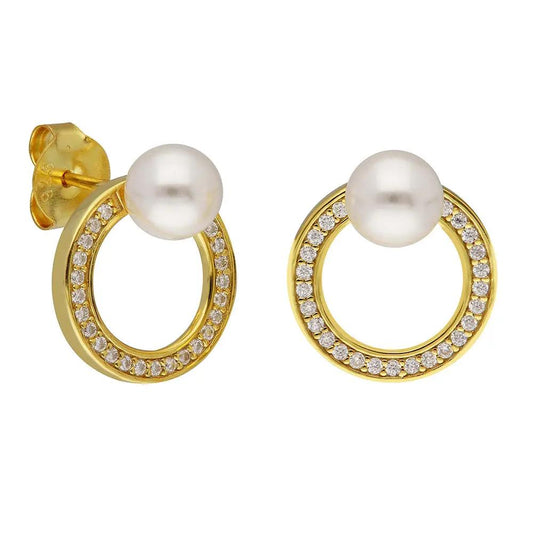 BRIZZLING BME194-D Σκουλαρίκια από Επιχρυσωμένο Ασήμι με Πέρλες & Διαμάντι Μοϊσανίτη