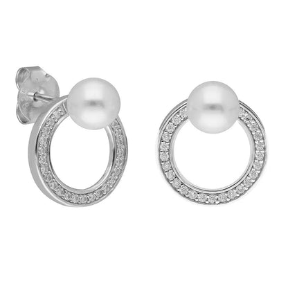 BRIZZLING BME194 Σκουλαρίκια από Επιπλατινωμένο Ασήμι με Πέρλες & Διαμάντι Μοϊσανίτη