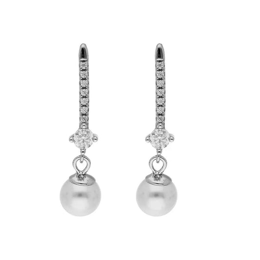 BRIZZLING BME196 Σκουλαρίκια από Επιπλατινωμένο Ασήμι με Πέρλες & Διαμάντι Μοϊσανίτη