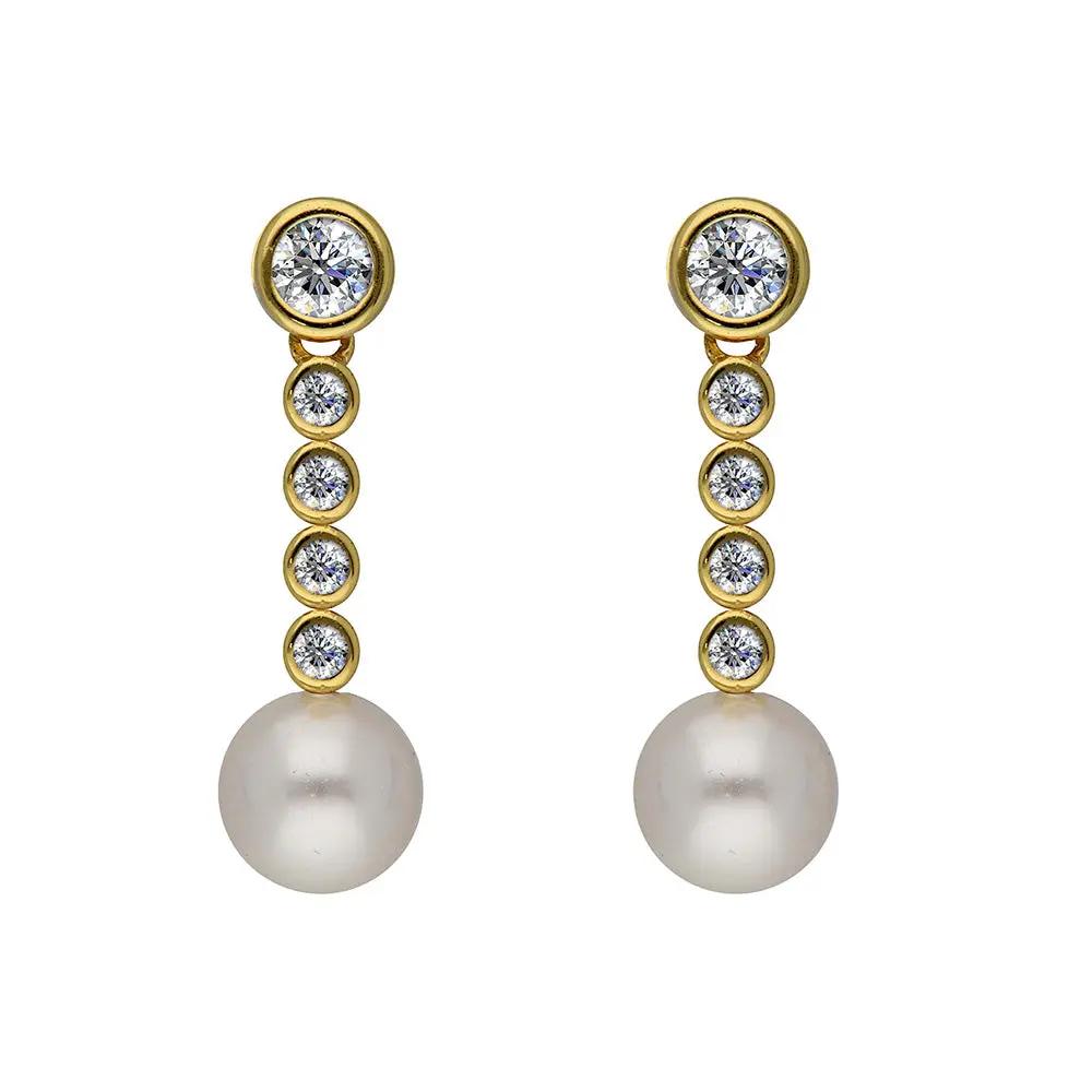 BRIZZLING BME204-D Σκουλαρίκια από Επιχρυσωμένο Ασήμι με Πέρλες & Διαμάντι Μοϊσανίτη