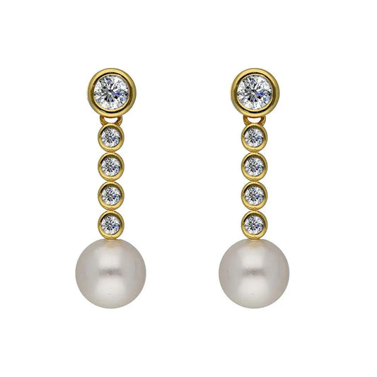 BRIZZLING BME204-D Σκουλαρίκια από Επιχρυσωμένο Ασήμι με Πέρλες & Διαμάντι Μοϊσανίτη