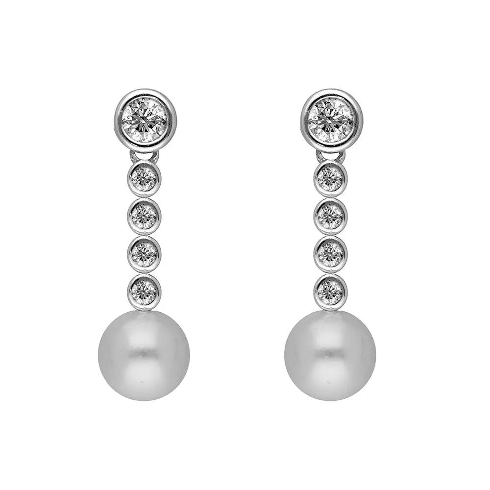 BRIZZLING BME204 Σκουλαρίκια από Επιπλατινωμένο Ασήμι με Πέρλες & Διαμάντι Μοϊσανίτη