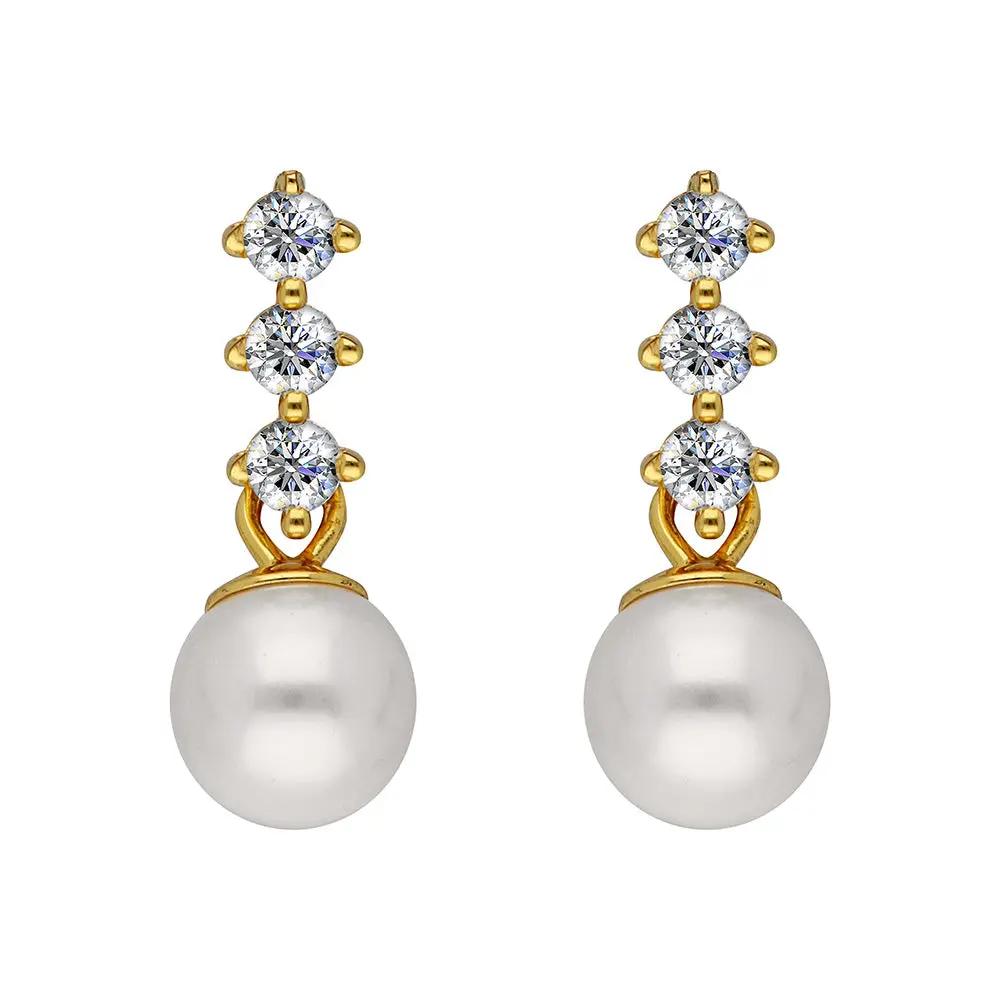 BRIZZLING BME205-D Σκουλαρίκια από Επιχρυσωμένο Ασήμι με Πέρλες & Διαμάντι Μοϊσανίτη