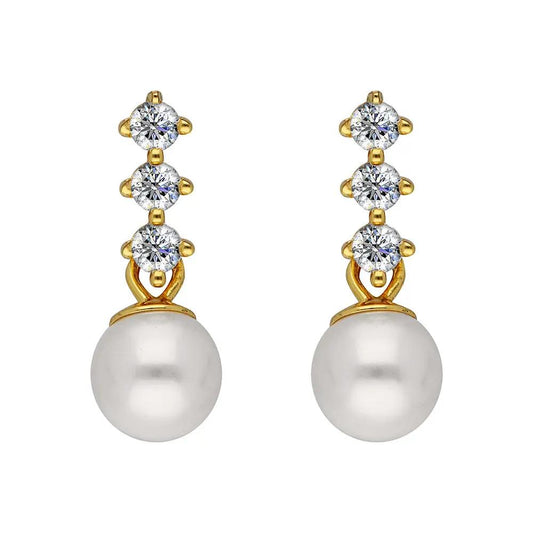 BRIZZLING BME205-D Σκουλαρίκια από Επιχρυσωμένο Ασήμι με Πέρλες & Διαμάντι Μοϊσανίτη