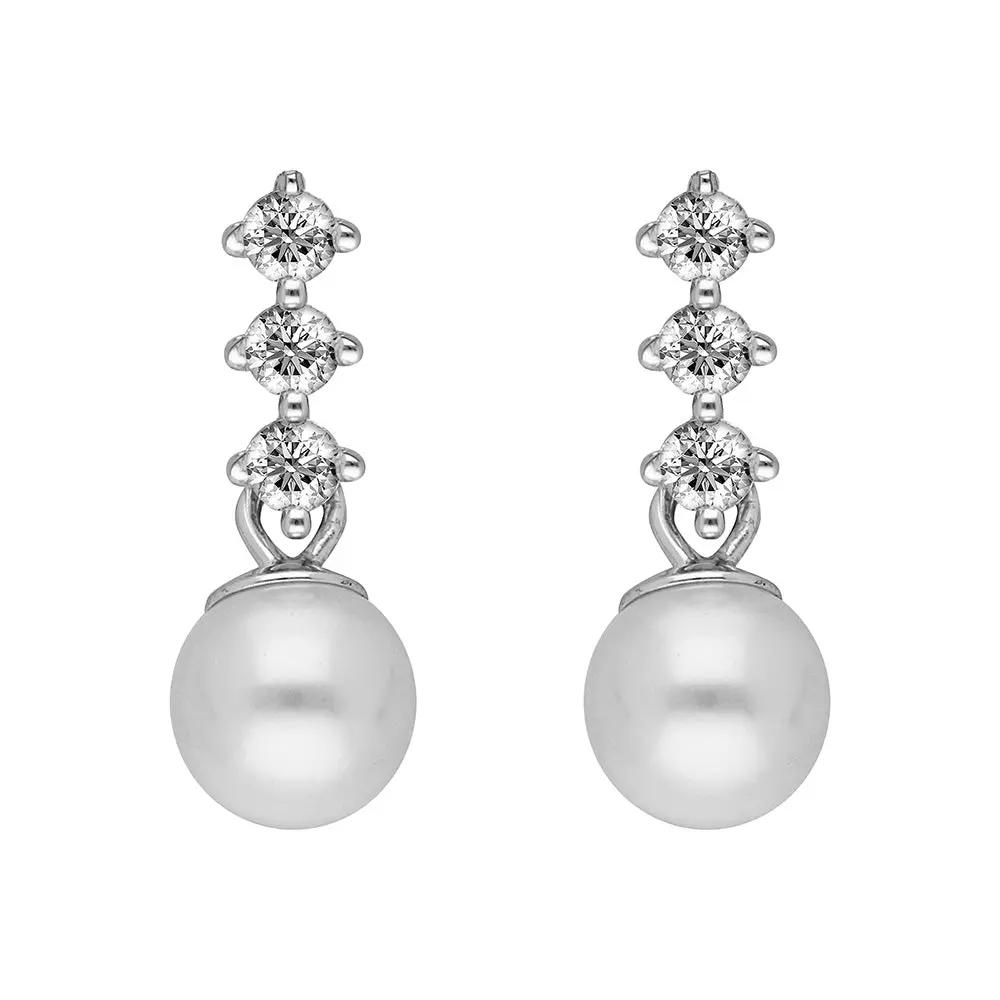 BRIZZLING BME205 Σκουλαρίκια από Επιπλατινωμένο Ασήμι με Πέρλες & Διαμάντι Μοϊσανίτη