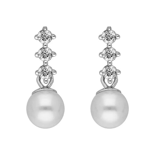 BRIZZLING BME205 Σκουλαρίκια από Επιπλατινωμένο Ασήμι με Πέρλες & Διαμάντι Μοϊσανίτη