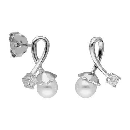 BRIZZLING BME206 Σκουλαρίκια από Επιπλατινωμένο Ασήμι με Πέρλες & Διαμάντι Μοϊσανίτη