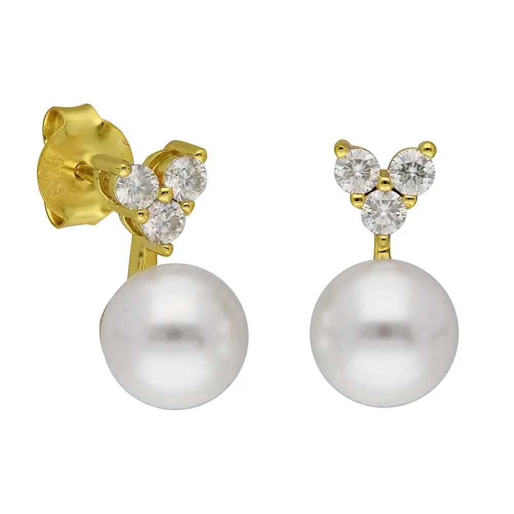 BRIZZLING BME207-D Σκουλαρίκια από Επιχρυσωμένο Ασήμι με Πέρλες & Διαμάντι Μοϊσανίτη