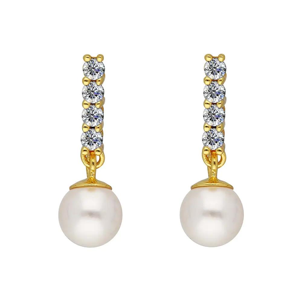 BRIZZLING BME210-D Σκουλαρίκια από Επιχρυσωμένο Ασήμι με Πέρλες & Διαμάντι Μοϊσανίτη