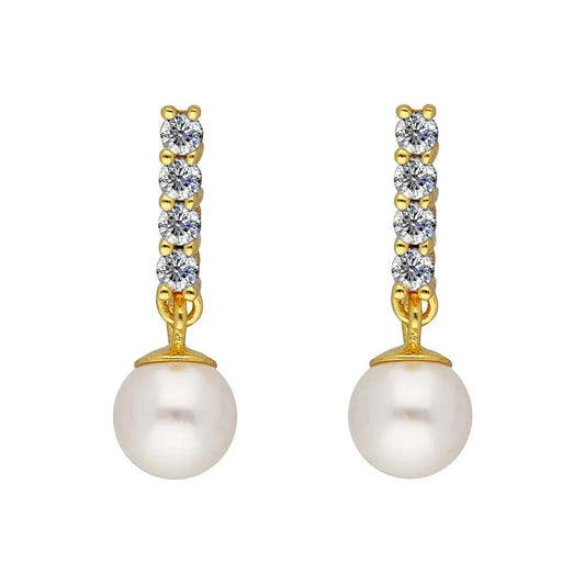 BRIZZLING BME210-D Σκουλαρίκια από Επιχρυσωμένο Ασήμι με Πέρλες & Διαμάντι Μοϊσανίτη