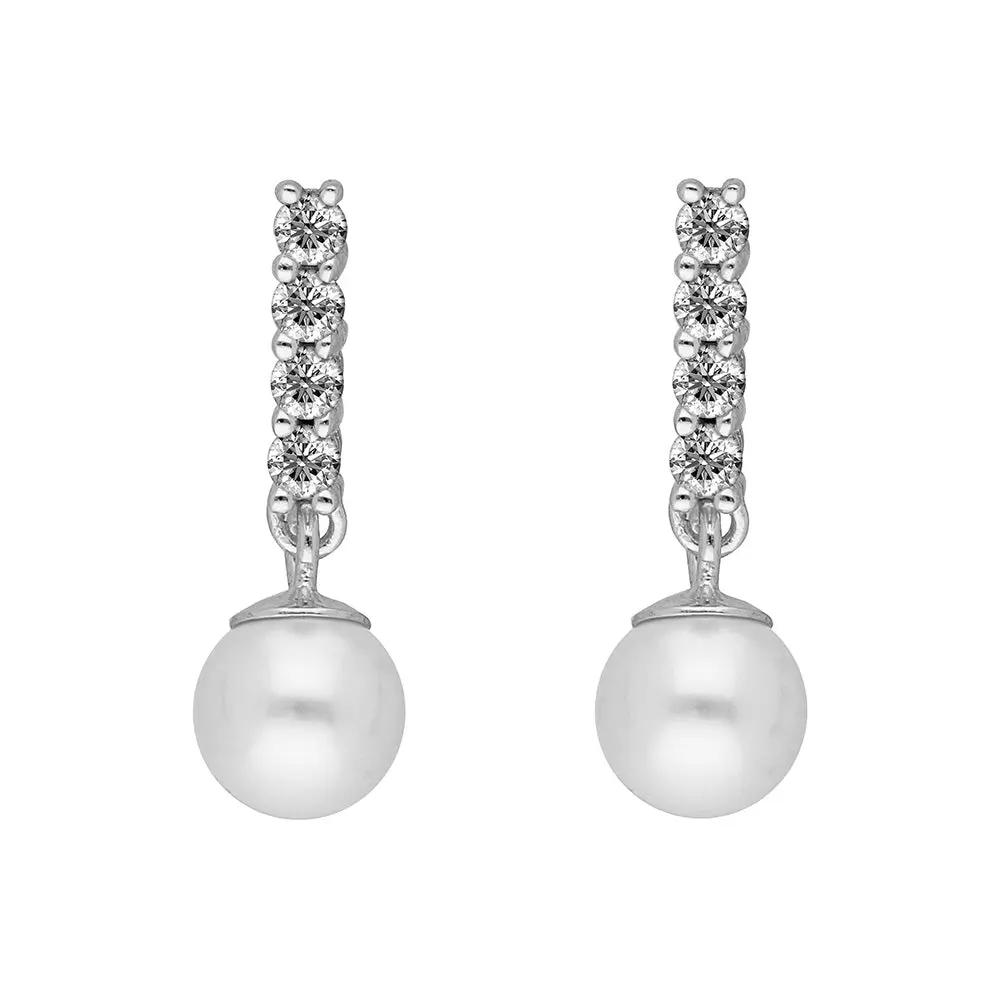 BRIZZLING BME210 Σκουλαρίκια από Επιπλατινωμένο Ασήμι με Πέρλες & Διαμάντι Μοϊσανίτη