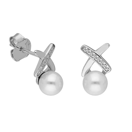 BRIZZLING BME211 Σκουλαρίκια από Επιπλατινωμένο Ασήμι με Πέρλες & Διαμάντι Μοϊσανίτη