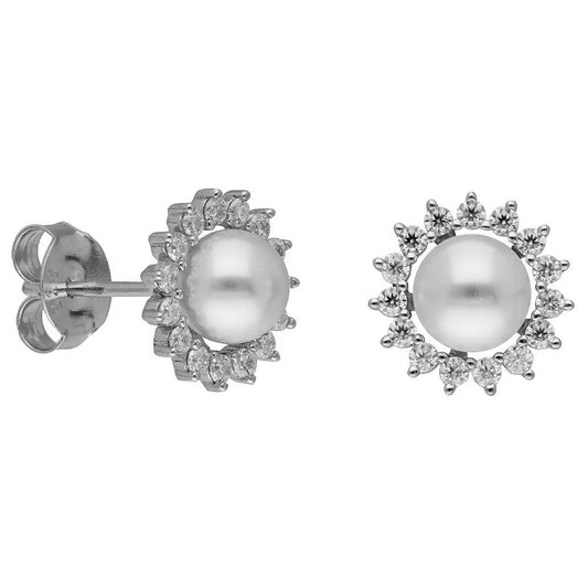 BRIZZLING BME223 Σκουλαρίκια από Επιπλατινωμένο Ασήμι με Πέρλες & Διαμάντι Μοϊσανίτη