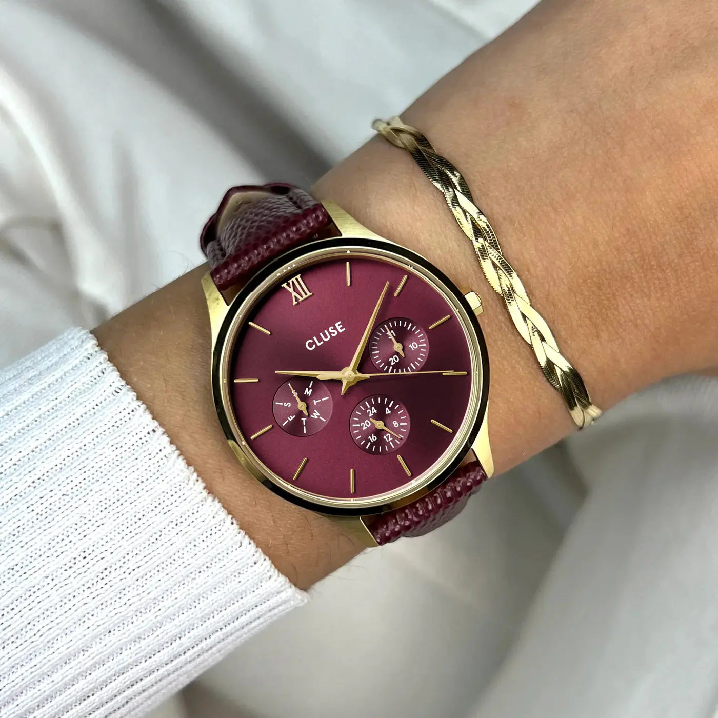 Cluse CW10706 Minuit Multifunction Dark Cherry Leather Strap