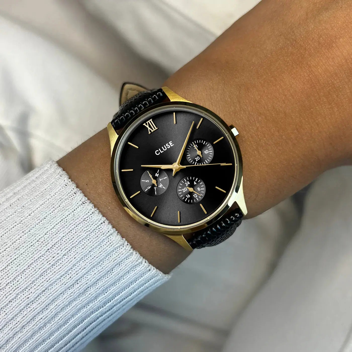 Cluse CW10708 Minuit Multifunction Black Leather Strap